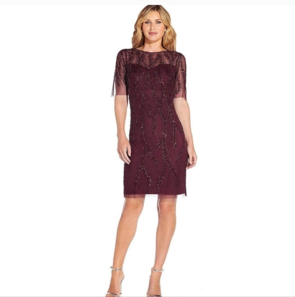 Adrianna Papell Mesh Beaded Overlay Short Sleeve‎ Dress Size 8 Formal